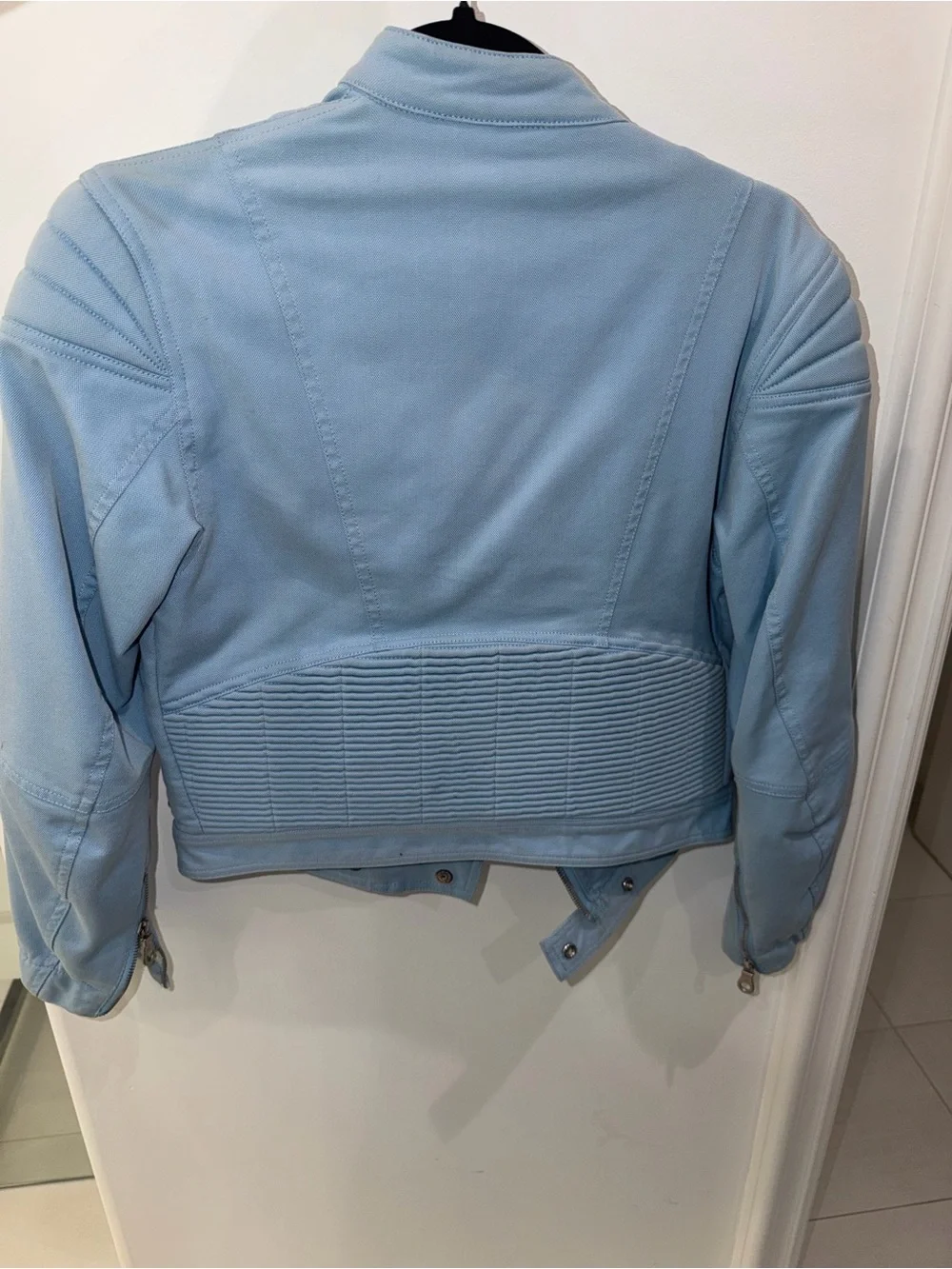 CHANEL Light Blue Leather Biker Jacket with Red Logo Patches